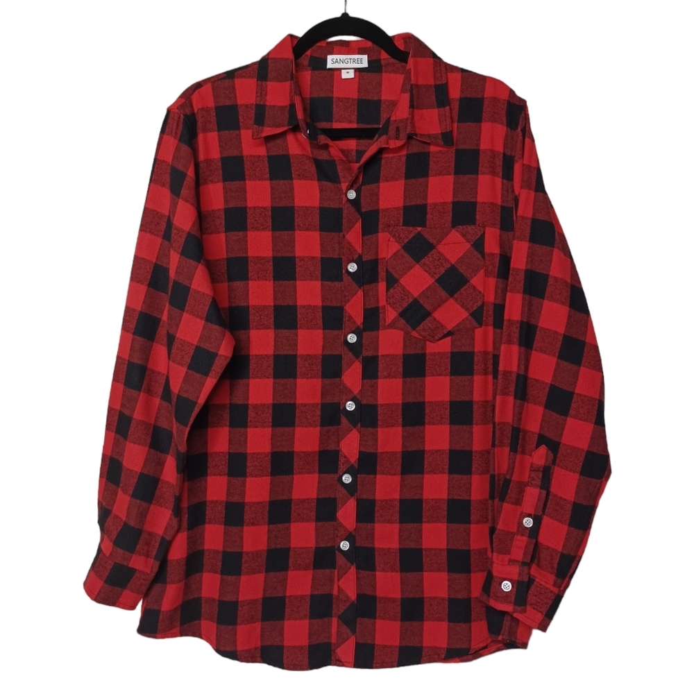 SANGTREE Red Black Buffalo Check Plaid Print Button Front Long Sleeve Top M